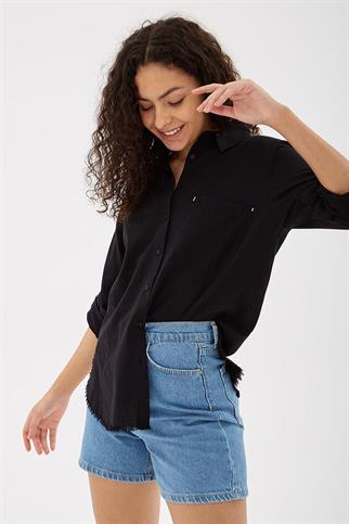 UZUN KOLLU CEPLİ SİYAH KADIN GÖMLEK 0390-2Y5