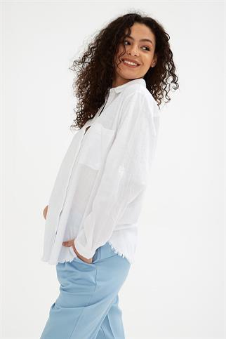 UZUN KOLLU CEPLİ BEYAZ  KADIN GÖMLEK 0390-2Y5
