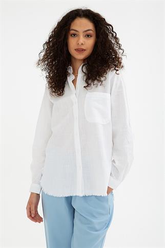 UZUN KOLLU CEPLİ BEYAZ  KADIN GÖMLEK 0390-2Y5