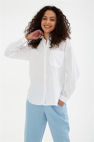 UZUN KOLLU CEPLİ BEYAZ  KADIN GÖMLEK 0390-2Y5
