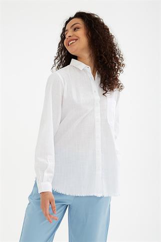 UZUN KOLLU CEPLİ BEYAZ  KADIN GÖMLEK 0390-2Y5