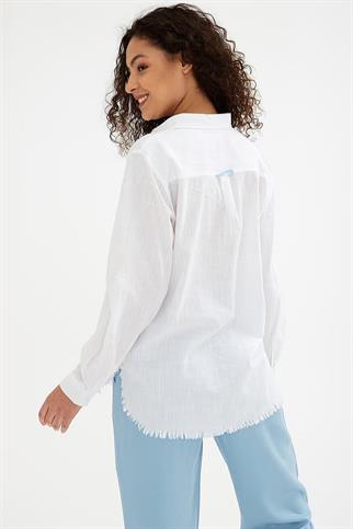 UZUN KOLLU CEPLİ BEYAZ  KADIN GÖMLEK 0390-2Y5