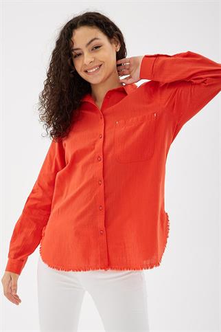 UZUN KOLLU CEPLİ KIRMIZI  KADIN GÖMLEK 0390-2Y5