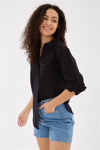UZUN KOLLU CEPLİ SİYAH KADIN GÖMLEK 0390-2Y5