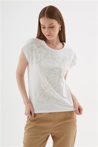 YAPRAK DESENLİ BEYAZ KADIN T-SHİRT  0470-2Y5