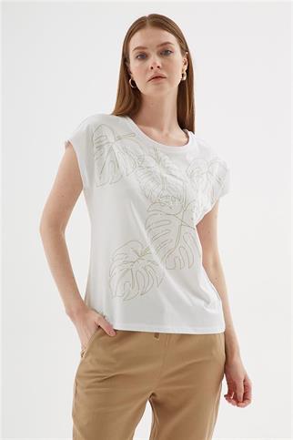 YAPRAK DESENLİ BEYAZ KADIN T-SHİRT  0470-2Y5