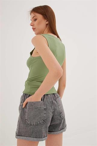 KOLSUZ SIFIR YAKA YEŞİL KADIN CROP  0479-2Y5