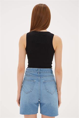 KOLSUZ SIFIR YAKA SİYAH  KADIN CROP 0479-2Y5