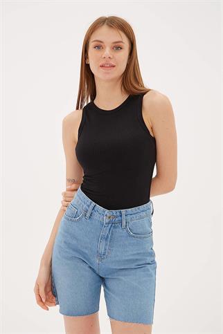 KOLSUZ SIFIR YAKA SİYAH  KADIN CROP 0479-2Y5