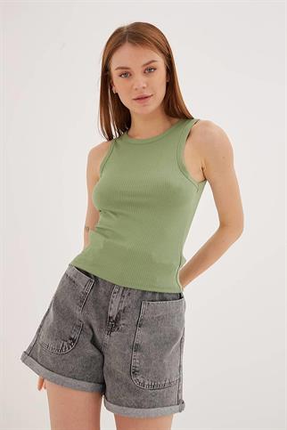 KOLSUZ SIFIR YAKA YEŞİL KADIN CROP  0479-2Y5