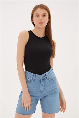 KOLSUZ SIFIR YAKA SİYAH  KADIN CROP 0479-2Y5
