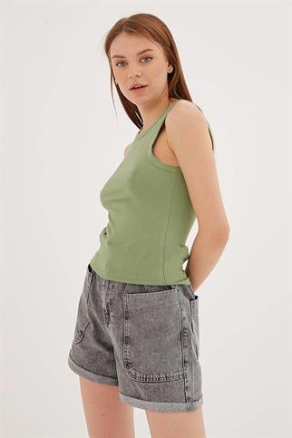 KOLSUZ SIFIR YAKA YEŞİL KADIN CROP  0479-2Y5