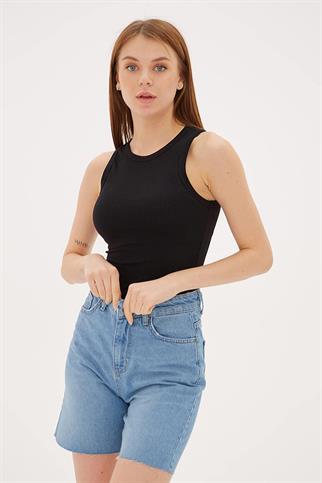 KOLSUZ SIFIR YAKA SİYAH  KADIN CROP 0479-2Y5