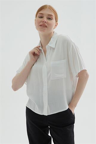 KISA KOLLU CEPLİ EKRU  KADIN GÖMLEK 0515-2Y5