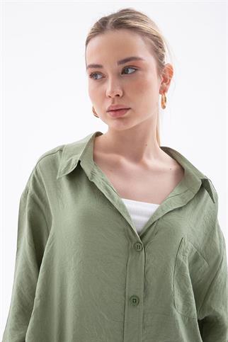 UZUN KOLLU CEPLİ HAKİ  KADIN GÖMLEK 0571-2Y5
