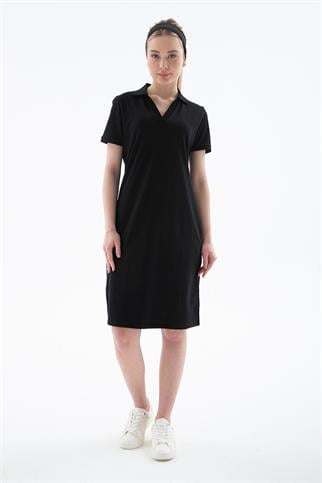 POLO YAKA KISA KOLLU SİYAH KADIN ELBİSE  0600-2Y5