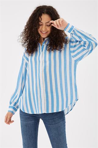 ÇİZGİLİ UZUN KOLLU MAVİ KADIN GÖMLEK  0670-2Y5