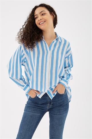 ÇİZGİLİ UZUN KOLLU MAVİ KADIN GÖMLEK  0670-2Y5