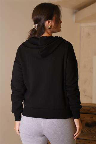 FERMUARLI KAPÜŞONLU SİYAH KADIN SWEATSHİRT 0852-2K5
