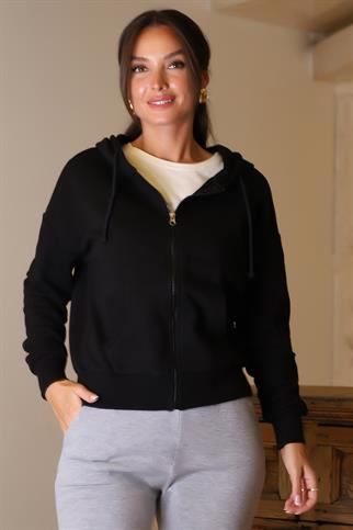 FERMUARLI KAPÜŞONLU SİYAH KADIN SWEATSHİRT 0852-2K5