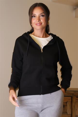 FERMUARLI KAPÜŞONLU SİYAH KADIN SWEATSHİRT 0852-2K5