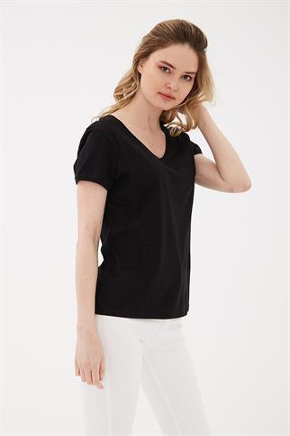 V YAKA KISA KOLLU SİYAH KADIN T-SHİRT  0932-2Y5