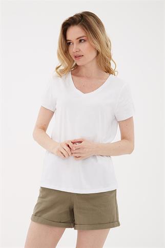V YAKA KISA KOLLU BEYAZ  KADIN T-SHİRT 0932-2Y5