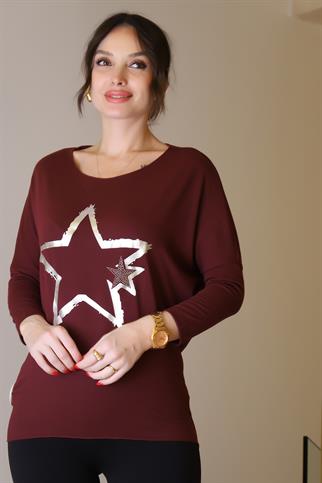 SIFIR YAKA YILDIZ BASKILI BORDO KADIN BLUZ  503-2K5