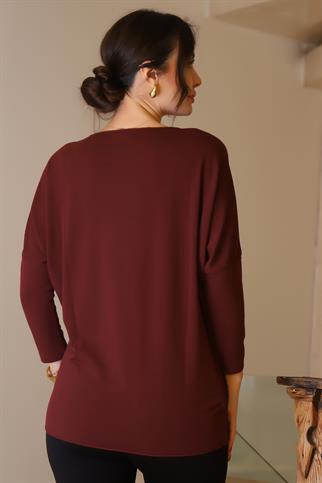 SIFIR YAKA YILDIZ BASKILI BORDO KADIN BLUZ  503-2K5