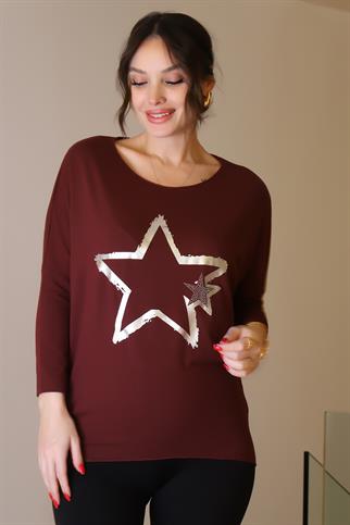 SIFIR YAKA YILDIZ BASKILI BORDO KADIN BLUZ  503-2K5