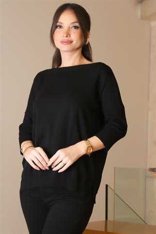 GENİŞ YAKA UZUN KOLLU SİYAH KADIN TRİKO KAZAK 5427-2K5