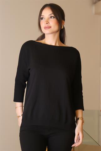 GENİŞ YAKA UZUN KOLLU SİYAH KADIN TRİKO KAZAK 5427-2K5