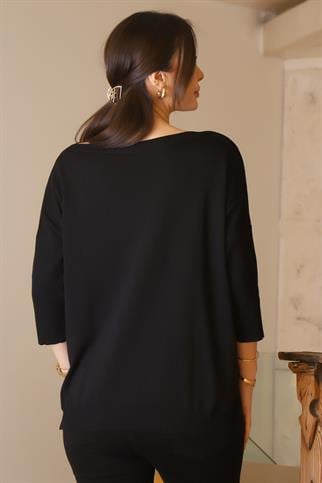 GENİŞ YAKA UZUN KOLLU SİYAH KADIN TRİKO KAZAK 5427-2K5