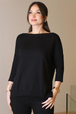 GENİŞ YAKA UZUN KOLLU SİYAH KADIN TRİKO KAZAK 5427-2K5
