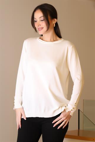 BİSİKLET YAKA KOLLARI DÜĞMELİ EKRU KADIN KAZAK 5575-2K5