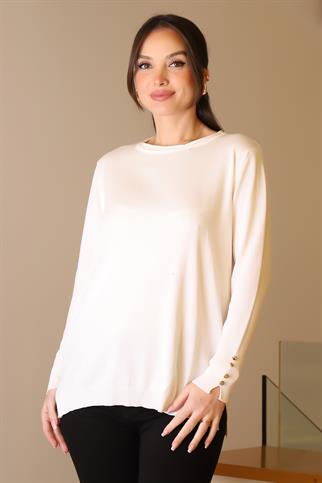 BİSİKLET YAKA KOLLARI DÜĞMELİ EKRU KADIN KAZAK 5575-2K5