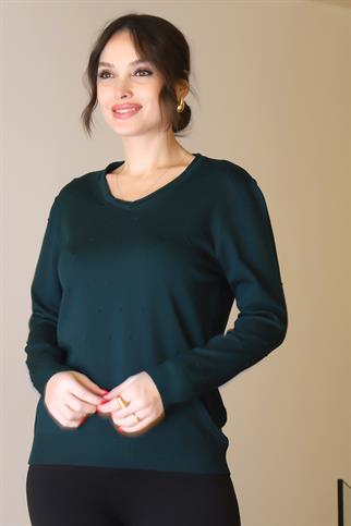 V YAKA UZUN KOLLU ZÜMRÜT  KADIN TRİKO KAZAK 5633-2K5