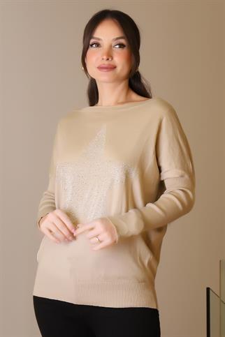 TAŞLI YILDIZ BASKILI BEJ KADIN TRİKO KAZAK 602-2K5