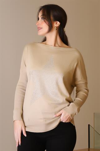 TAŞLI YILDIZ BASKILI BEJ KADIN TRİKO KAZAK 602-2K5