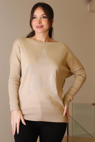 TAŞLI YILDIZ BASKILI BEJ KADIN TRİKO KAZAK 602-2K5