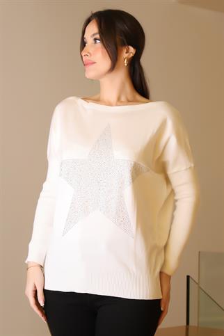 TAŞLI YILDIZ BASKILI  EKRU KADIN TRİKO KAZAK 602-2K5