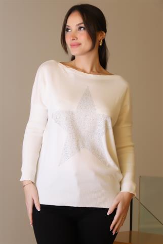 TAŞLI YILDIZ BASKILI  EKRU KADIN TRİKO KAZAK 602-2K5