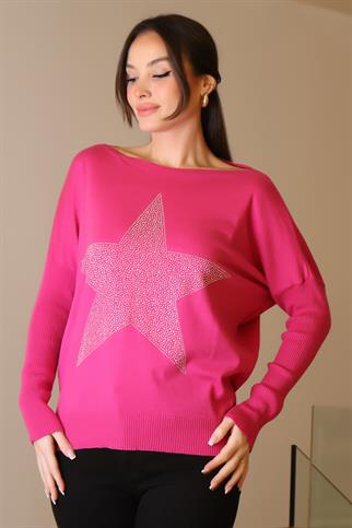 TAŞLI YILDIZ BASKILI FUŞYA KADIN TRİKO KAZAK 602-2K5