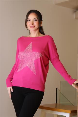 TAŞLI YILDIZ BASKILI FUŞYA KADIN TRİKO KAZAK 602-2K5