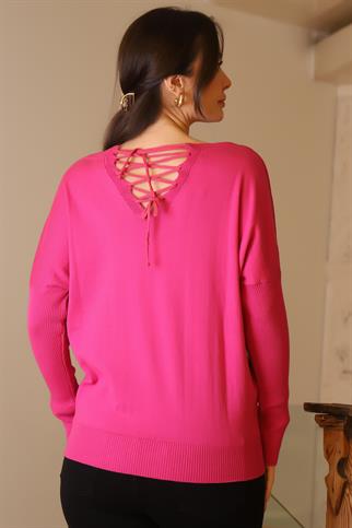 TAŞLI YILDIZ BASKILI FUŞYA KADIN TRİKO KAZAK 602-2K5