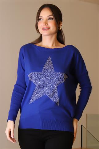 TAŞLI YILDIZ BASKILI SAKS KADIN TRİKO KAZAK 602-2K5