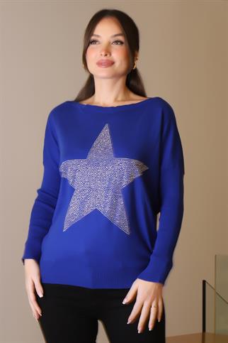 TAŞLI YILDIZ BASKILI SAKS KADIN TRİKO KAZAK 602-2K5