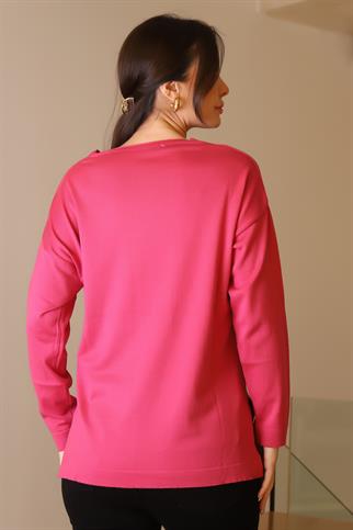 V YAKA KALP BASKILI FUŞYA KADIN TRİKO KAZAK 603-2K5