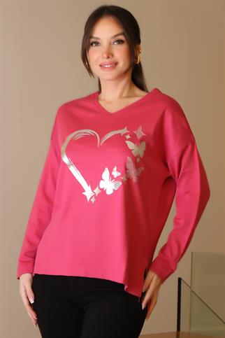 V YAKA KALP BASKILI FUŞYA KADIN TRİKO KAZAK 603-2K5