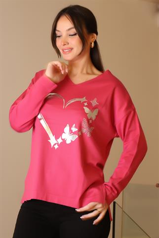 V YAKA KALP BASKILI FUŞYA KADIN TRİKO KAZAK 603-2K5